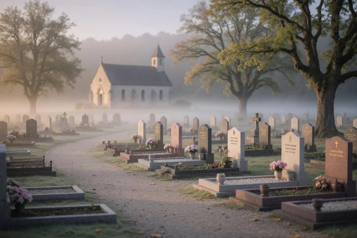 A wide cemetery with old trees and a distant chapel in the morning, Bucharest