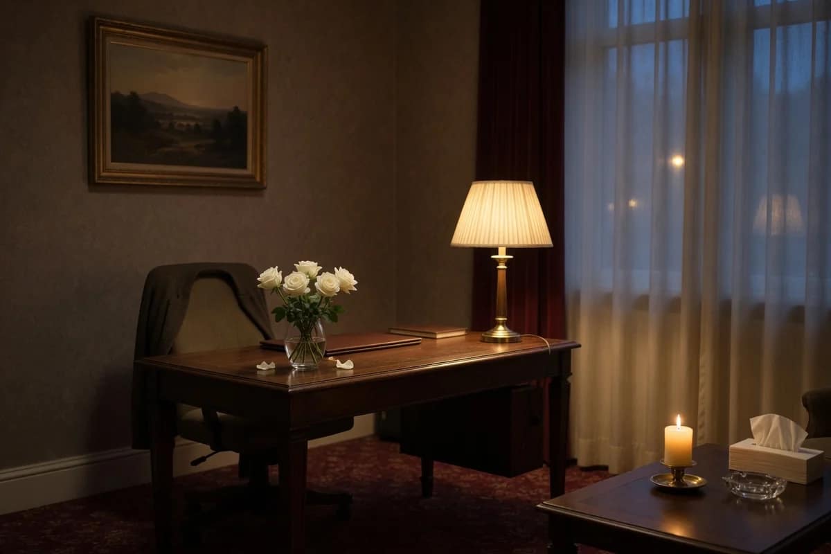 Quiet funeral home reception with a warm lamp and white flowers on the desk, Sector 2, Bucharest