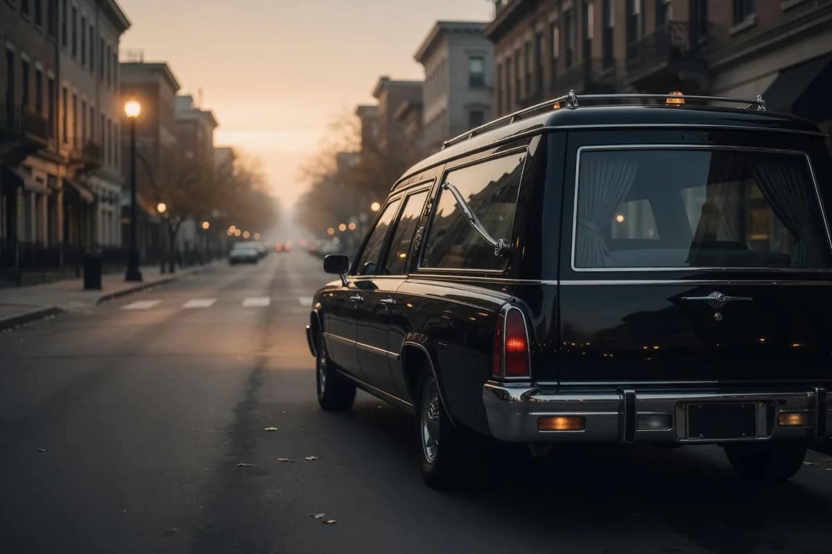 Dric funerar negru pe o stradă liniștită din oraș, în zori, Sectorul 3, București