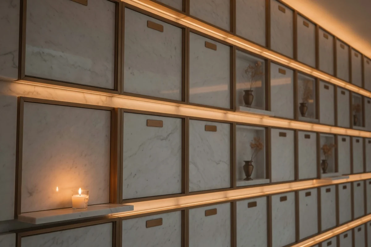 Modern columbarium wall with marble niches and a candle, Sector 4, Bucharest