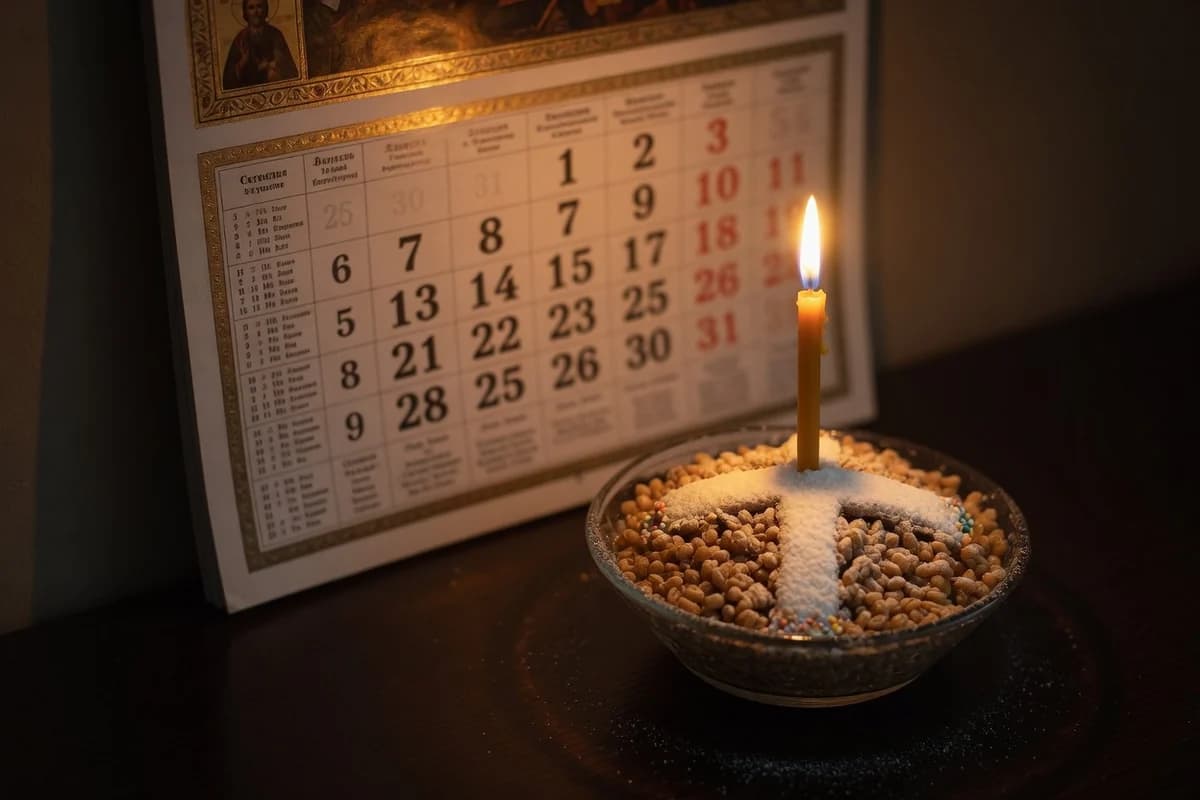 Orthodox wall calendar beside a small koliva with a cross and a lit candle — memorial dates