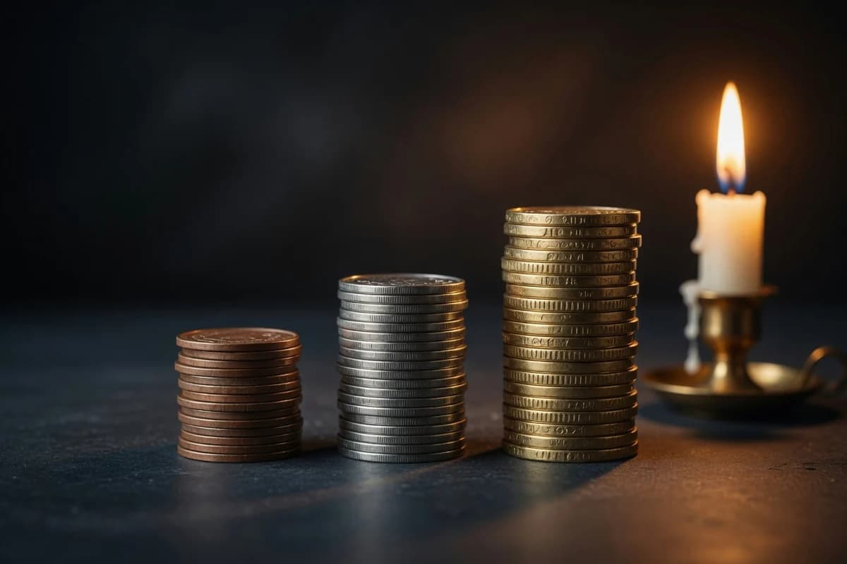 Three ascending coin stacks beside a candle — simple to premium funeral cost levels