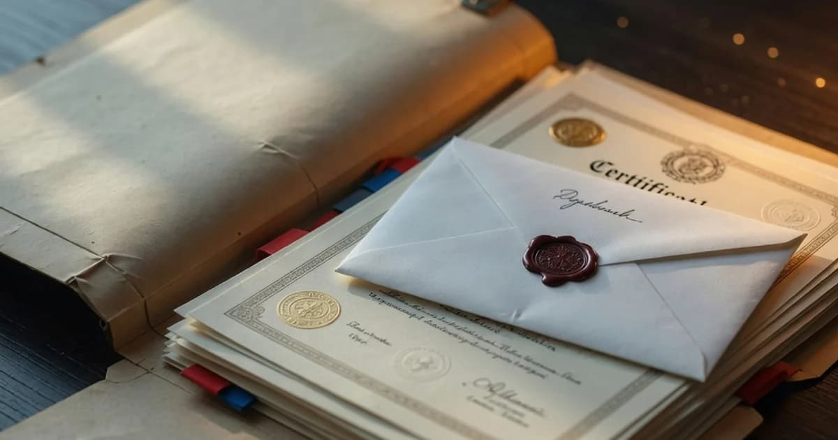 Manila folder with certificates and a white envelope on top