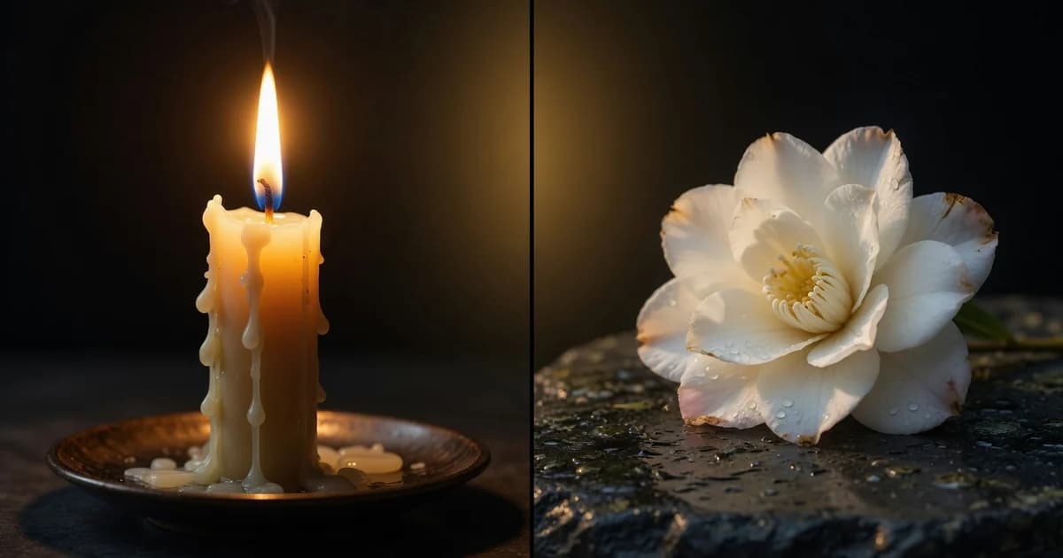 Split composition: lit candle and white flower on dark stone