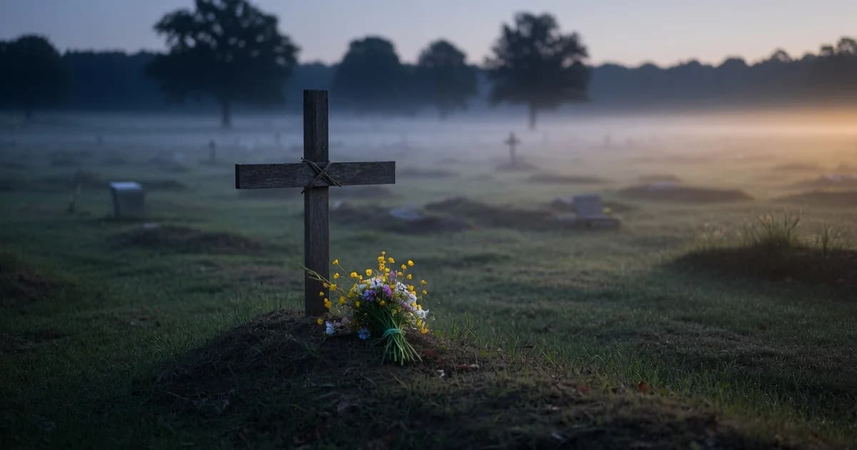 A single modest grave with a plain wooden cross in a quiet cemetery at dawn — dignity in solitude
