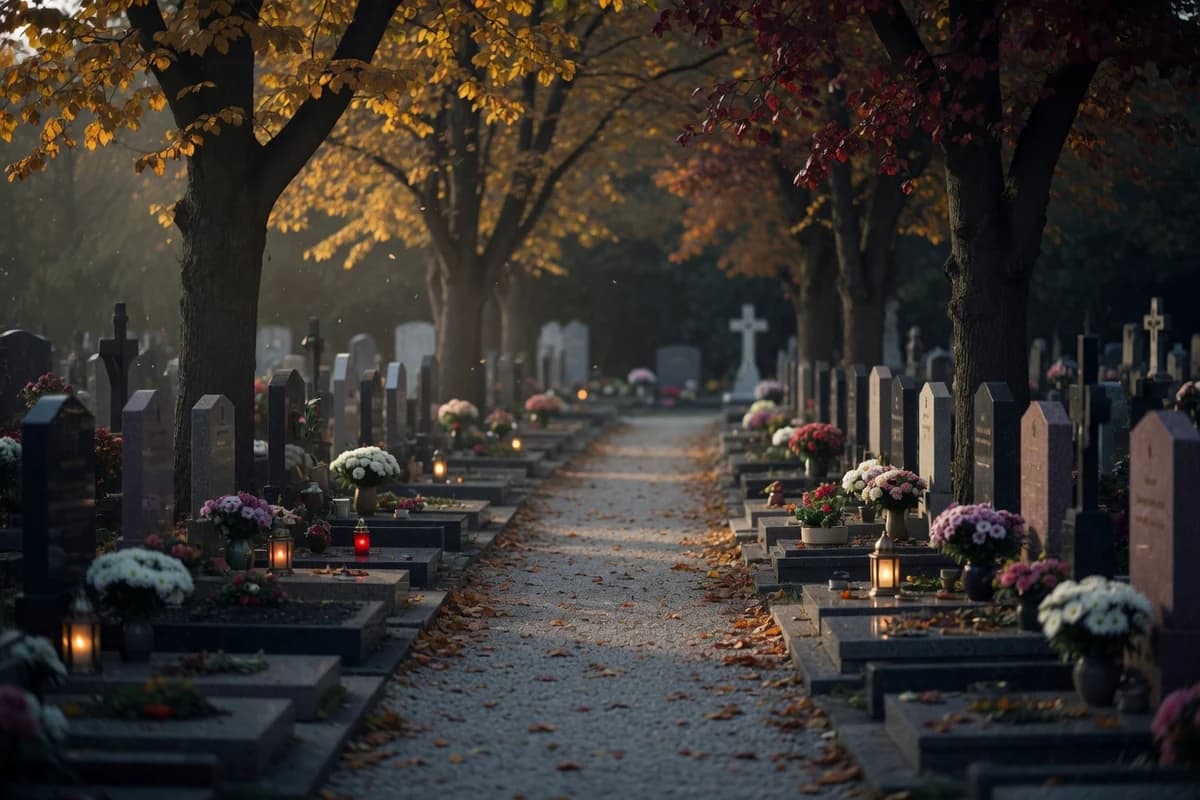 Quiet autumn cemetery alley with trees and tended graves in the background — burial option