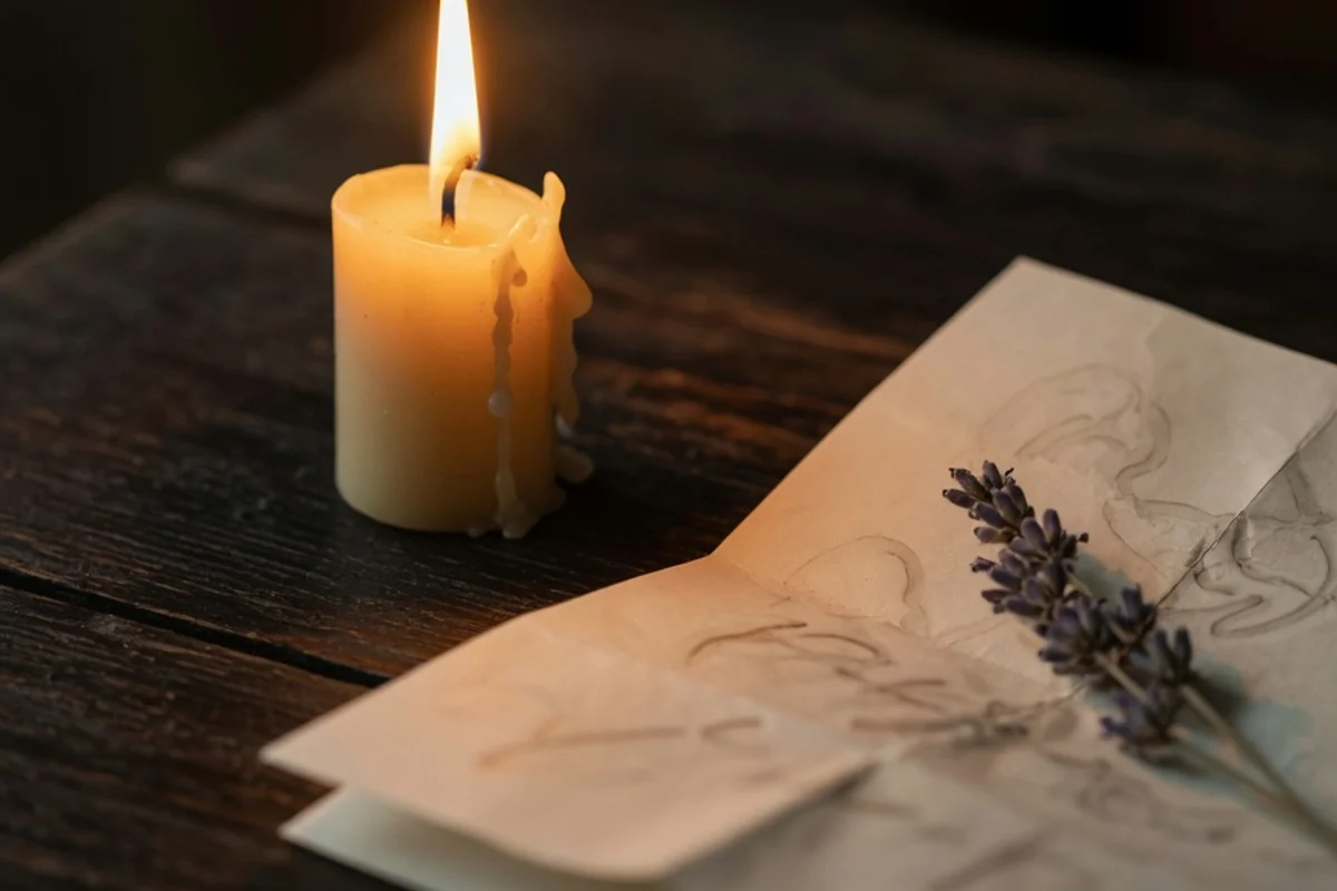 Handwritten letter beside a lit candle on a wooden table (illustrative image)