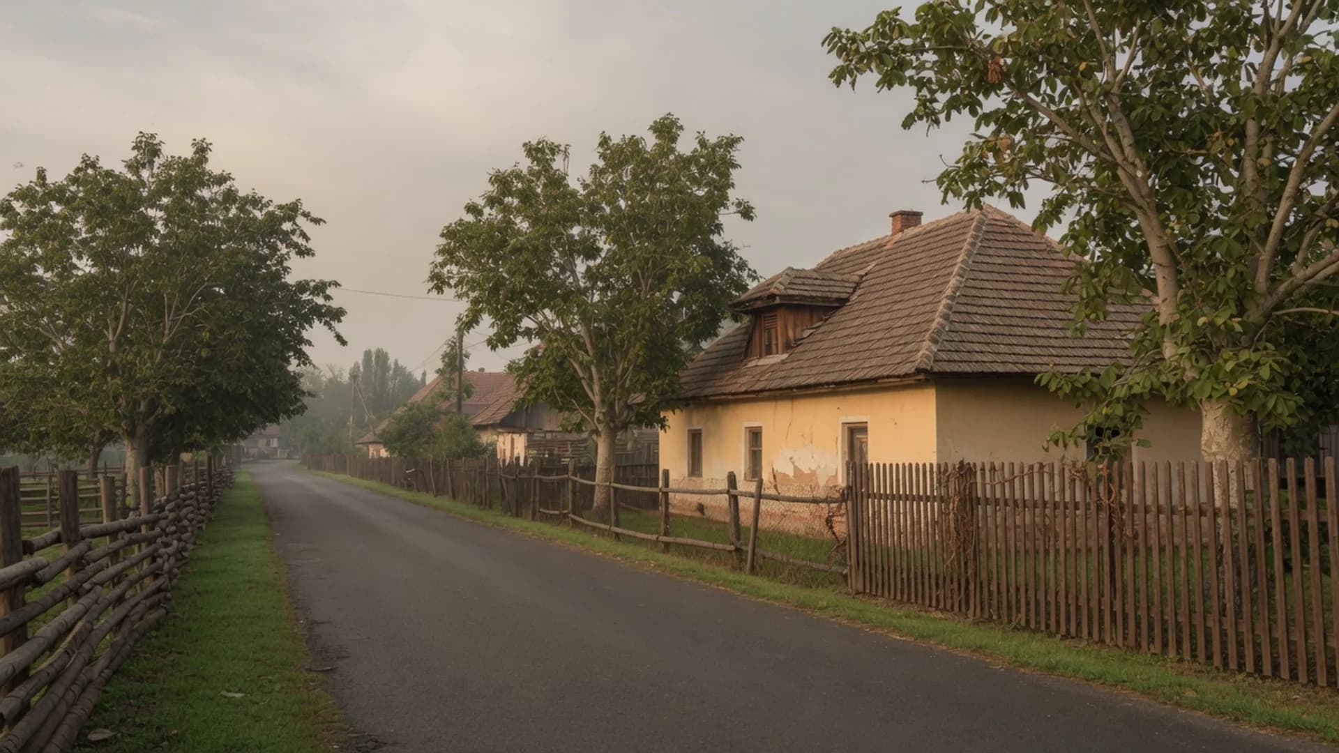 Drum asfaltat pustiu la marginea unui sat, cu garduri de lemn, copaci și o casă veche cu acoperiș de țiglă, în ceață ușoară