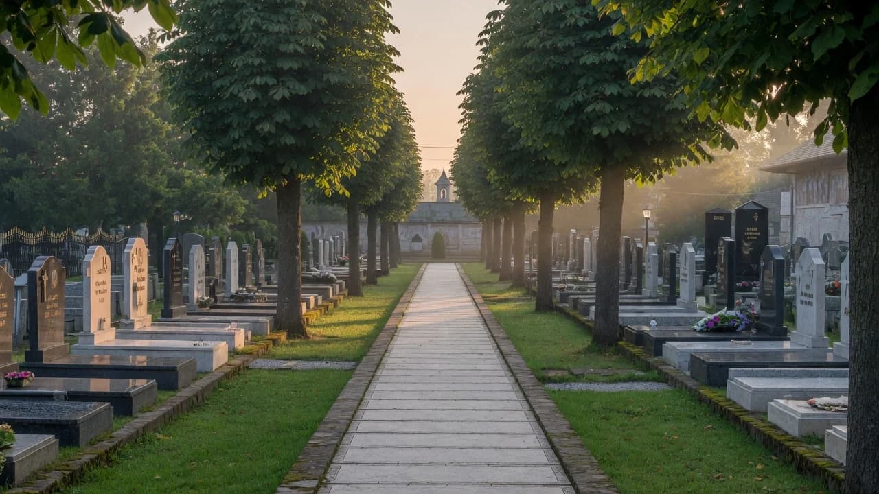 Well-kept cemetery alley with mature trees in soft golden light — illustrative image