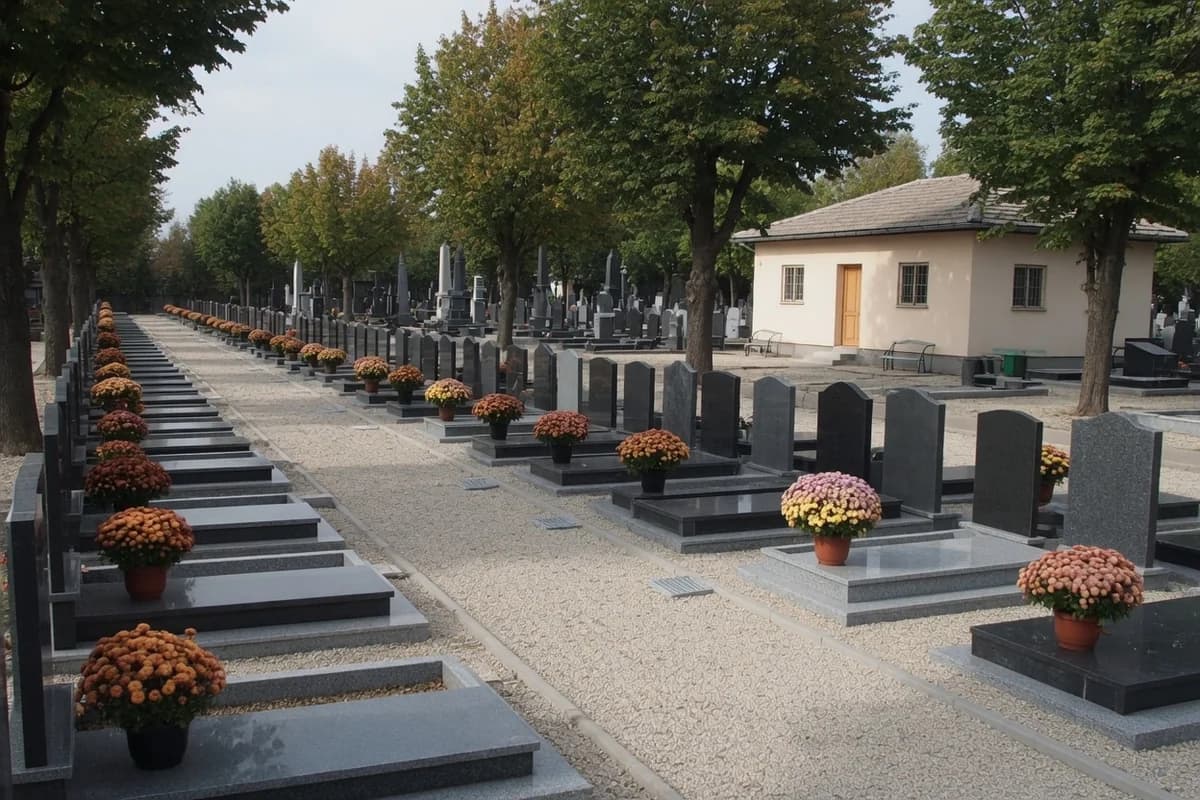 Alee de pietriș într-un cimitir, între morminte de granit cu ghivece de crizanteme, și o clădire mică printre copaci