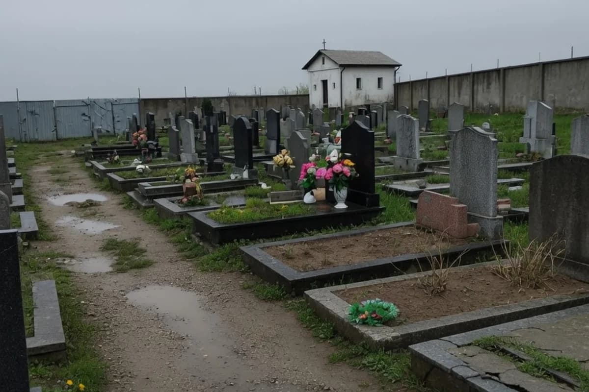 Cimitir municipal întins, cer gri, capelă în depărtare, București