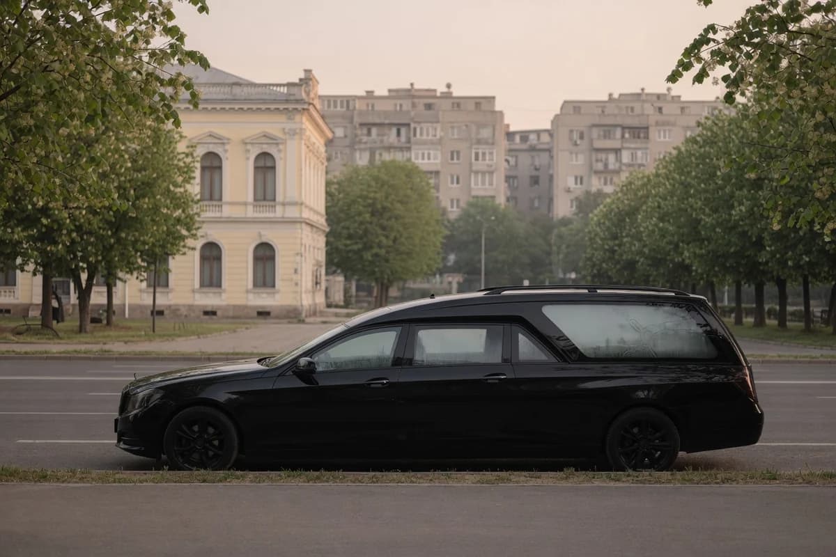 Black hearse on a quiet boulevard in the morning