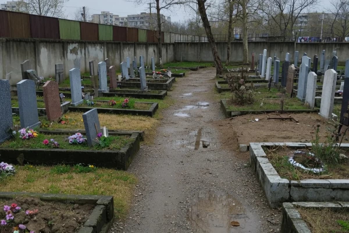 Alee de cimitir cu copaci bătrâni, lumină de dimineață înnorată, Sectorul 1, București