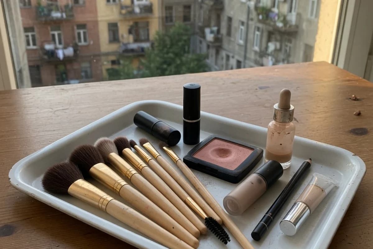 Detaliu cosmetic: pensule fine și produse discrete pe o masă, Sectorul 2, București