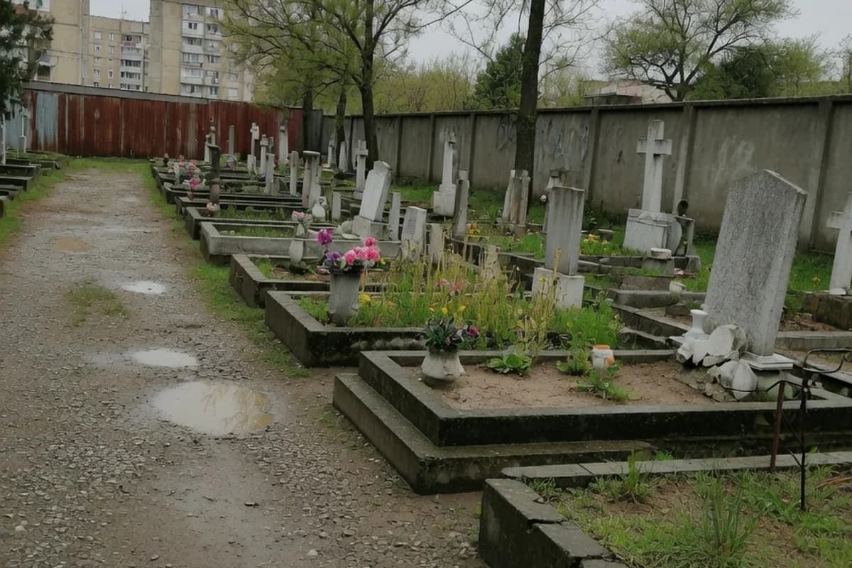 Alee uzată de cimitir municipal, lumină înnorată, Sectorul 2, București