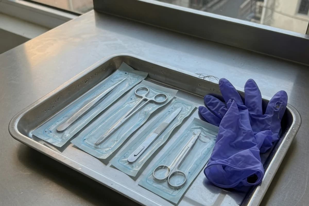 Trusă de instrumente sanitare pe o tavă metalică, Sectorul 2, București