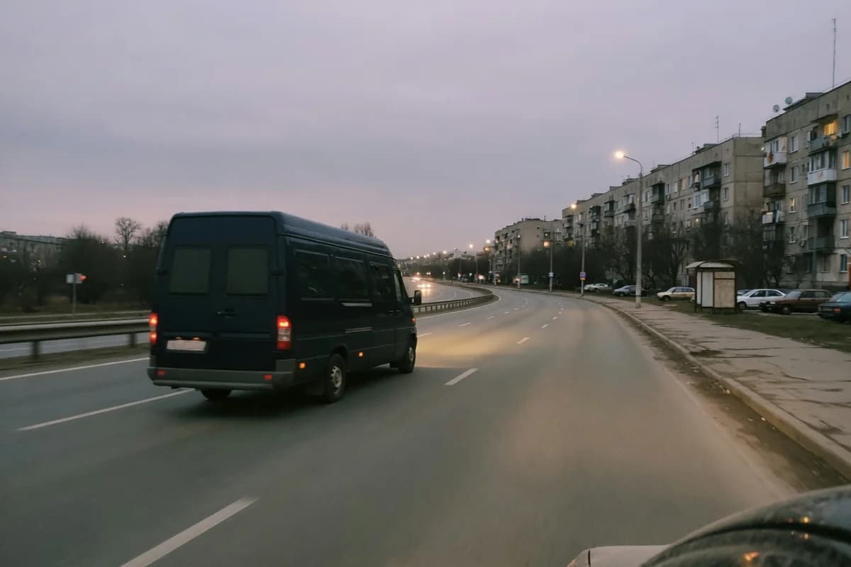 Dubă discretă de transport funerar pe o șosea de centură, la lăsarea serii, Sectorul 2, București