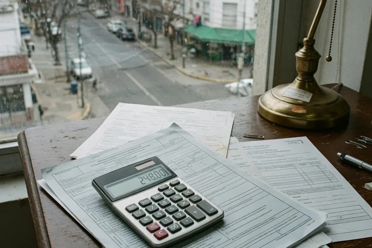 Calculator și un formular de cerere pe un birou, lângă o lampă caldă, Sectorul 3, București