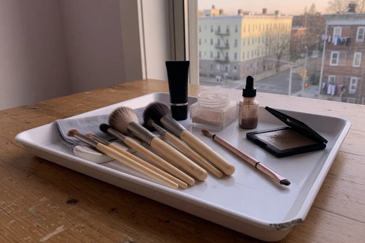 Detaliu cosmetic: pensule fine și produse discrete pe o masă, Sectorul 3, București