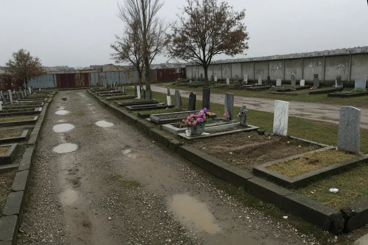 Alee uzată de cimitir municipal, lumină înnorată, Sectorul 3, București