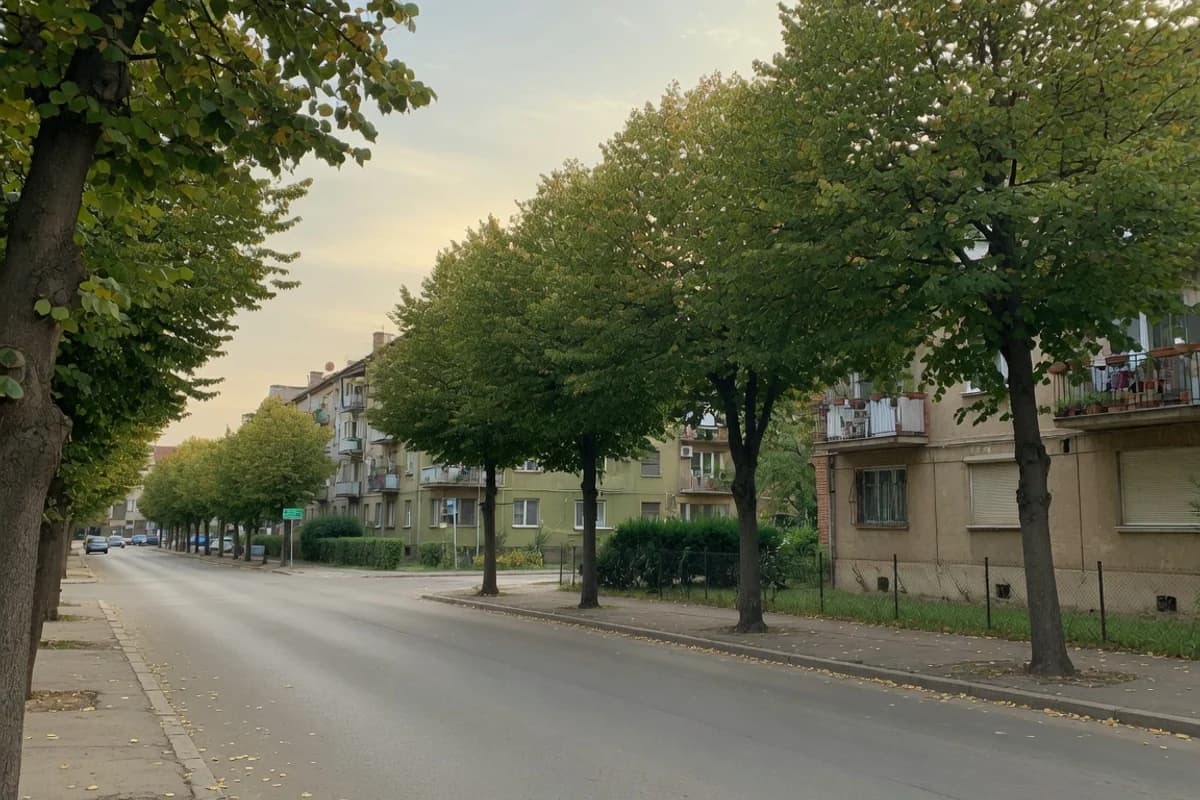Bulevard rezidențial cu tei, lumină de dimineață, Sectorul 3, București