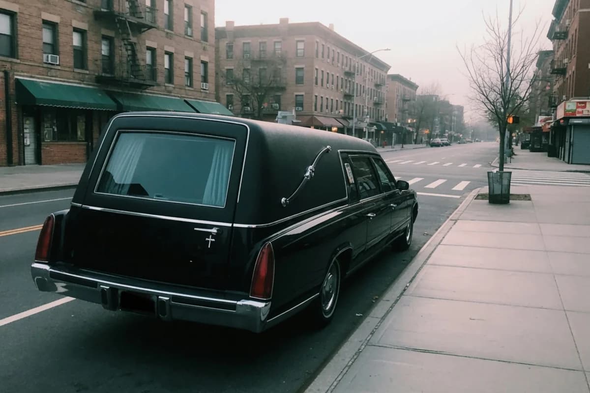 Dric funerar negru pe o stradă liniștită din oraș, în zori, Sectorul 3, București