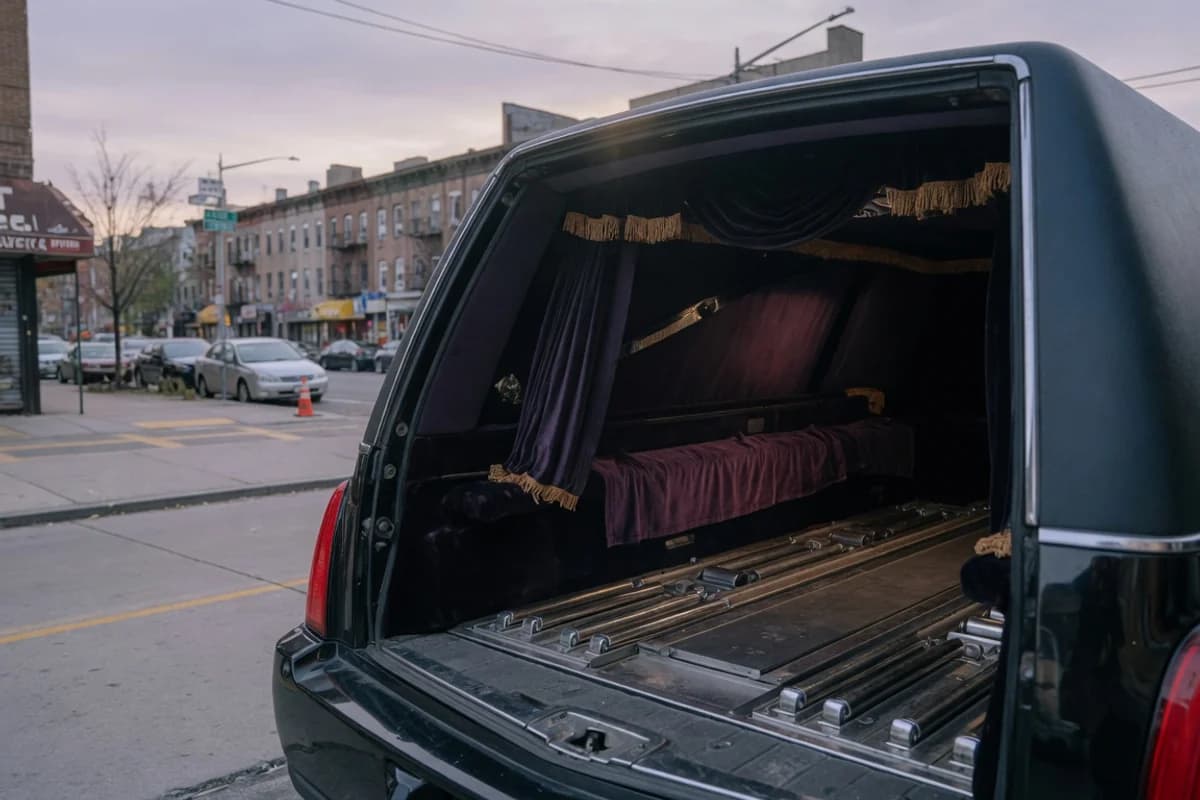 Interiorul amenajat al unui dric — role lustruite și draperie închisă, Sectorul 3, București