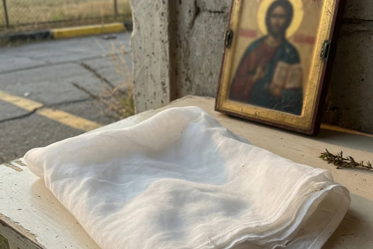 Folded white veil beside a small icon, no readable details, Sector 4, Bucharest