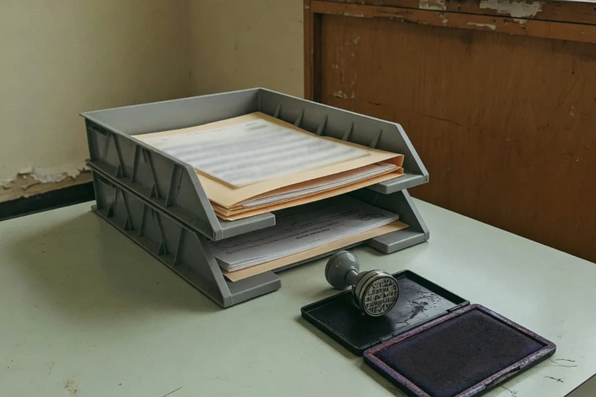 Ghișeu de birou cu o tavă de documente și o ștampilă, Sectorul 4, București