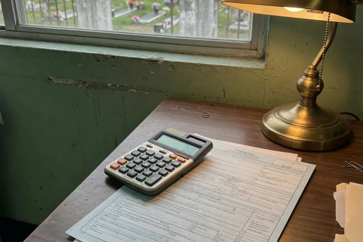 Calculator și un formular de cerere pe un birou, lângă o lampă caldă, Sectorul 4, București