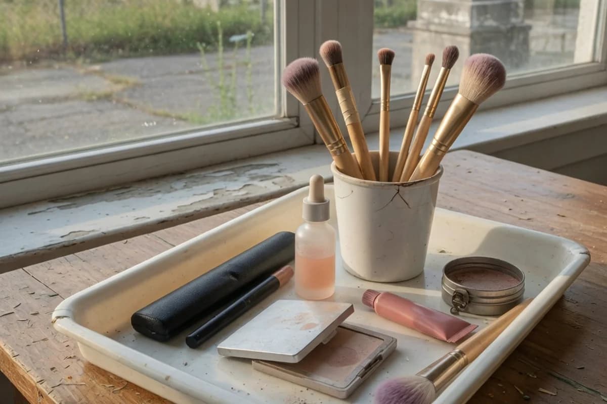 Detaliu cosmetic: pensule fine și produse discrete pe o masă, Sectorul 4, București
