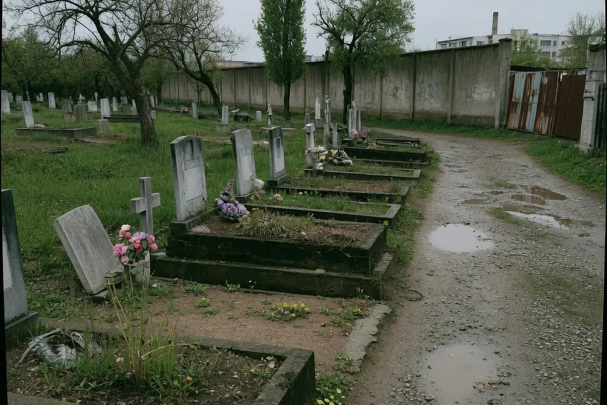 Alee uzată de cimitir municipal, lumină înnorată, Sectorul 4, București
