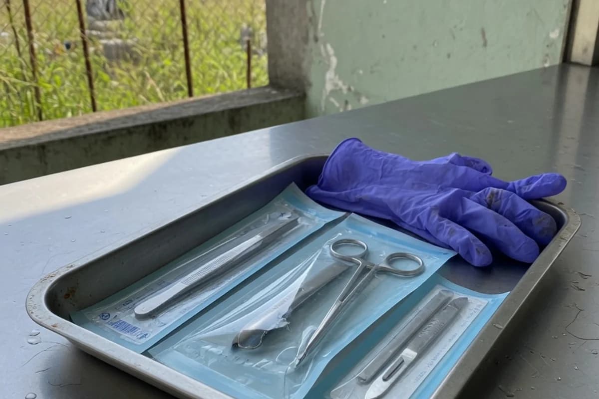 Trusă de instrumente sanitare pe o tavă metalică, Sectorul 4, București