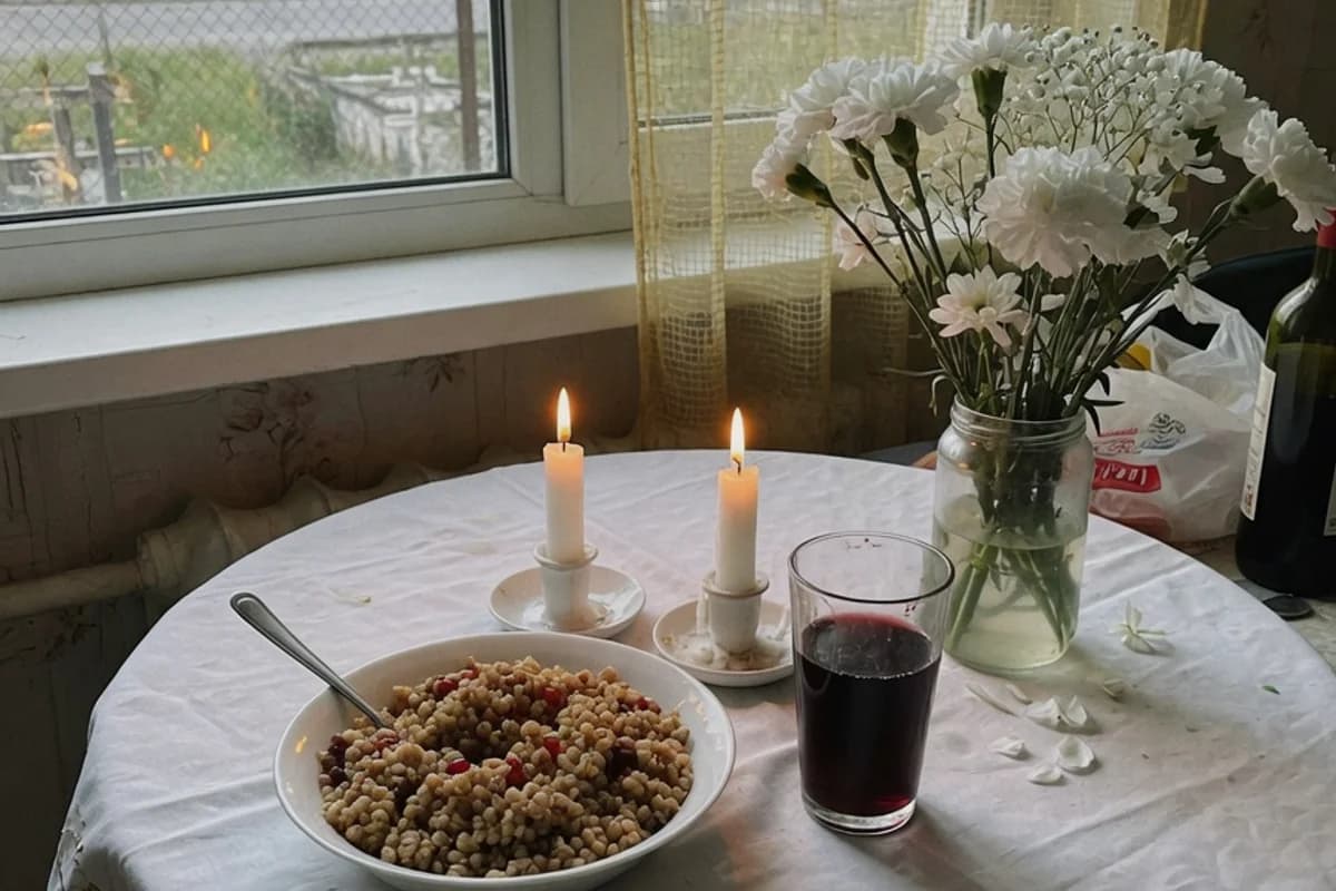 Masă de pomenire cu lumânări, grâu și vin, acasă, Sectorul 4, București