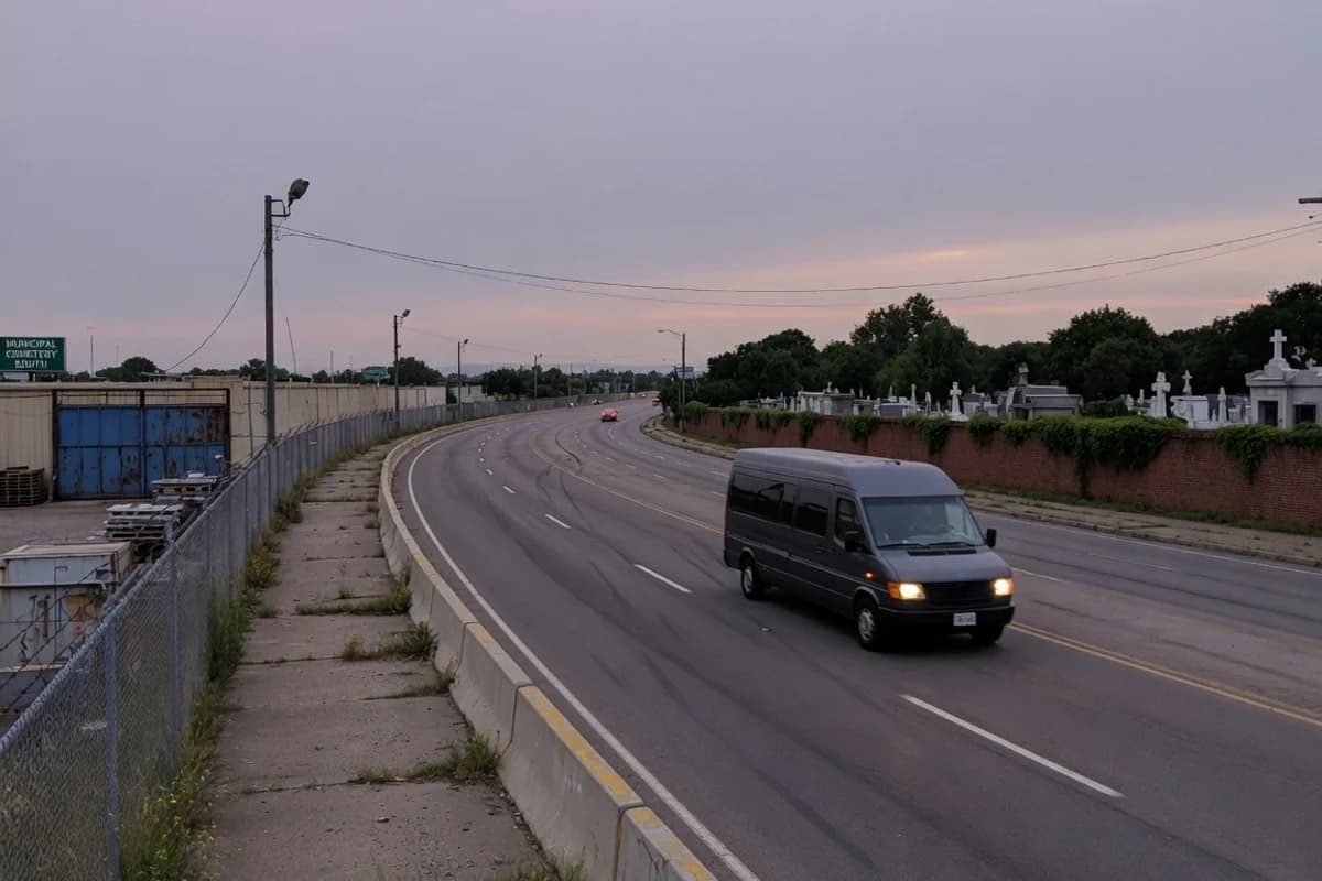 Dubă discretă de transport funerar pe o șosea de centură, la lăsarea serii, Sectorul 4, București