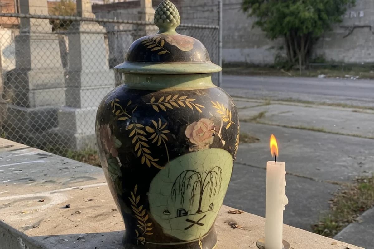Urnă ceramică decorativă lângă o lumânare albă, Sectorul 4, București