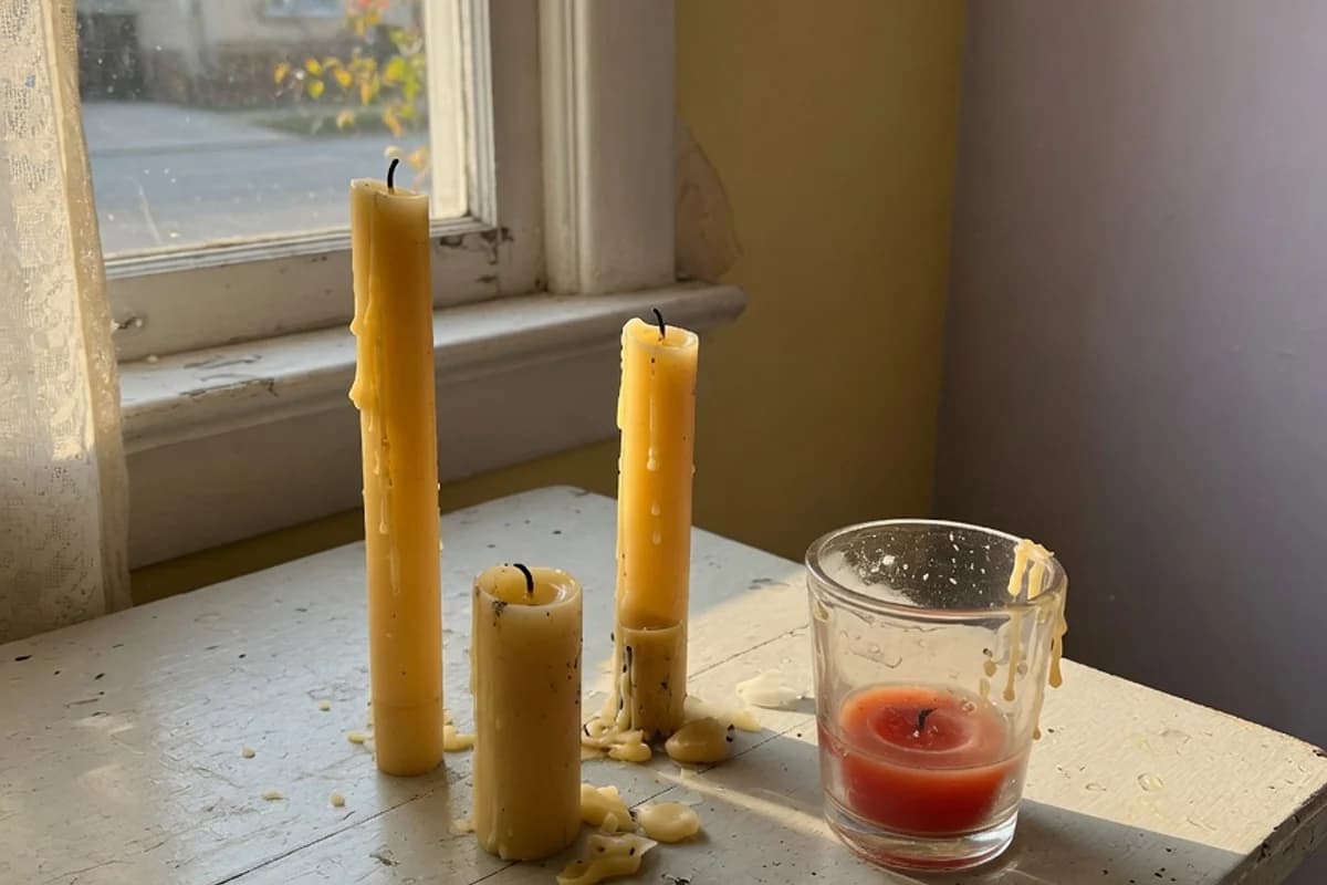 Beeswax candles and a vigil lamp on a wooden table, Sector 5, Bucharest