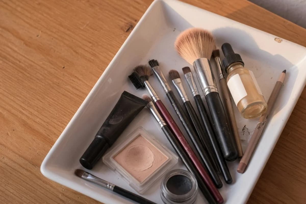 Detaliu cosmetic: pensule fine și produse discrete pe o masă, Sectorul 5, București