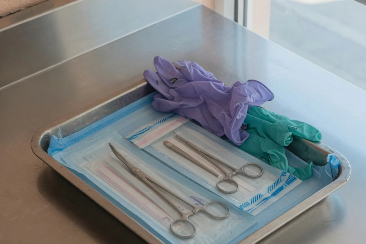 Trusă de instrumente sanitare pe o tavă metalică, Sectorul 5, București