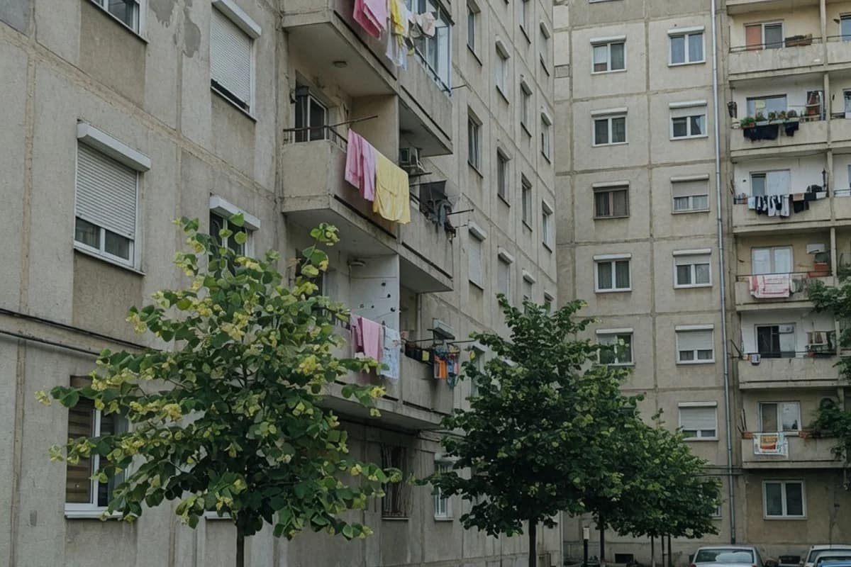 Stradă laterală cu blocuri vechi și tei, lumină de dimineață, Sectorul 6, București