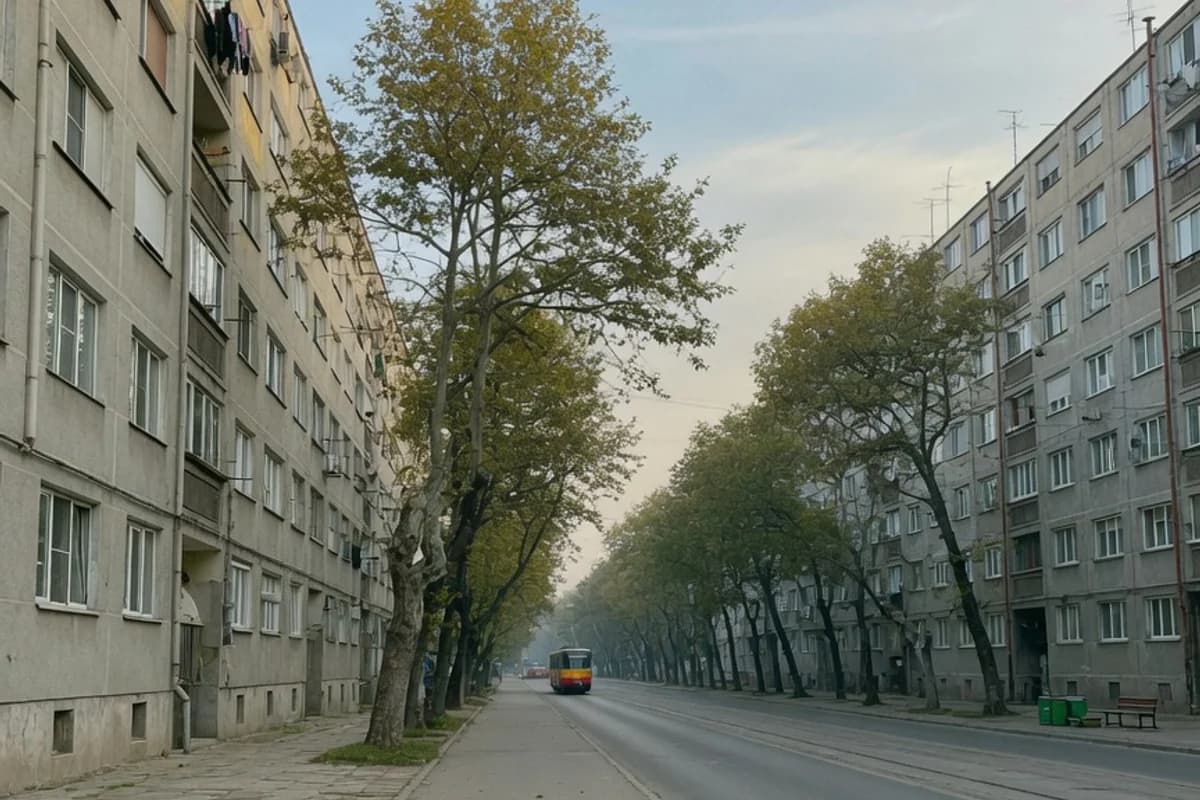 Bulevard rezidențial cu blocuri și tramvai în depărtare, Sectorul 6, București