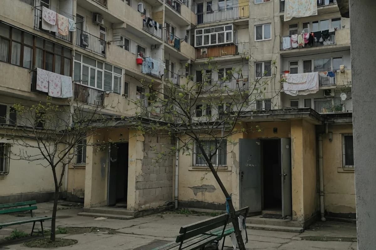 Curte interioară de bloc cu copaci și bănci vechi, Sectorul 6, București
