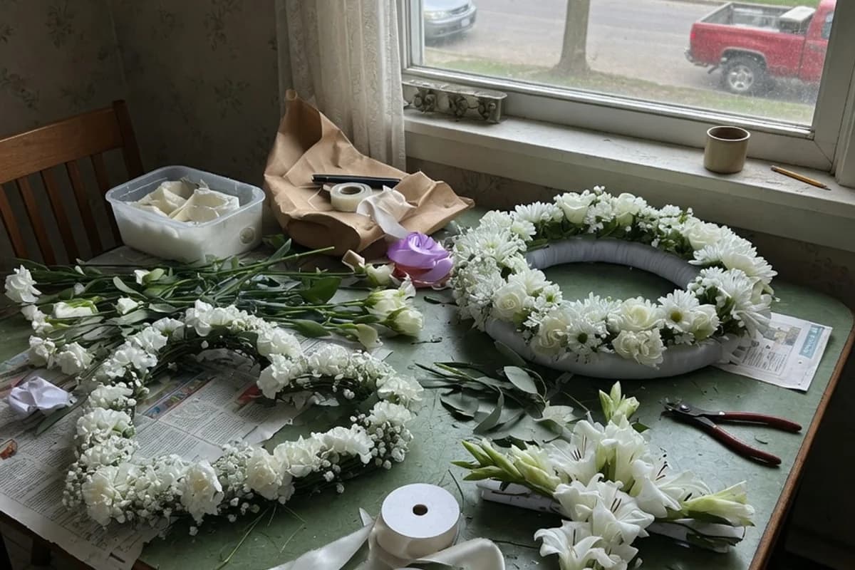 Masă de florărie cu mai multe coroane funerare în lucru, Sectorul 6, București