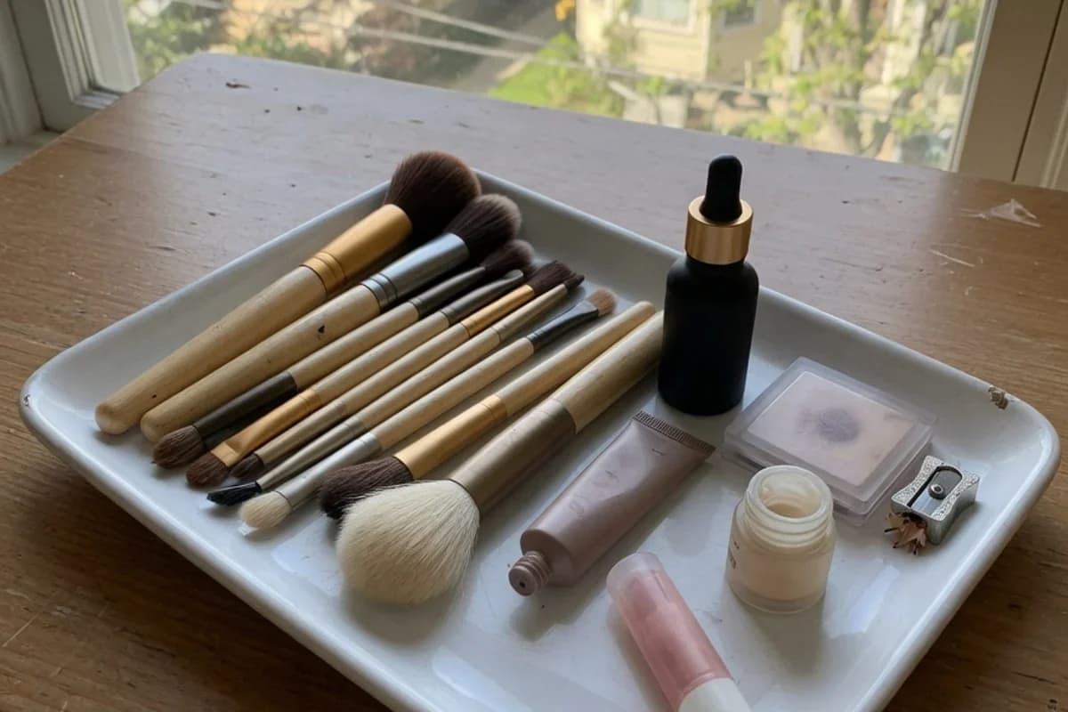 Detaliu cosmetic: pensule fine și produse discrete pe o masă, Sectorul 6, București