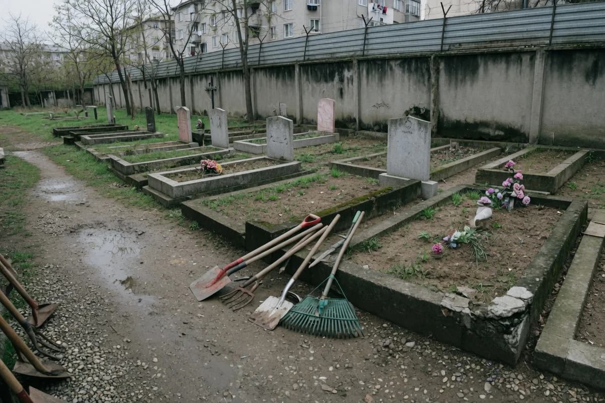Unelte de grădină lângă un mormânt, pregătite pentru lucrare, Sectorul 6, București