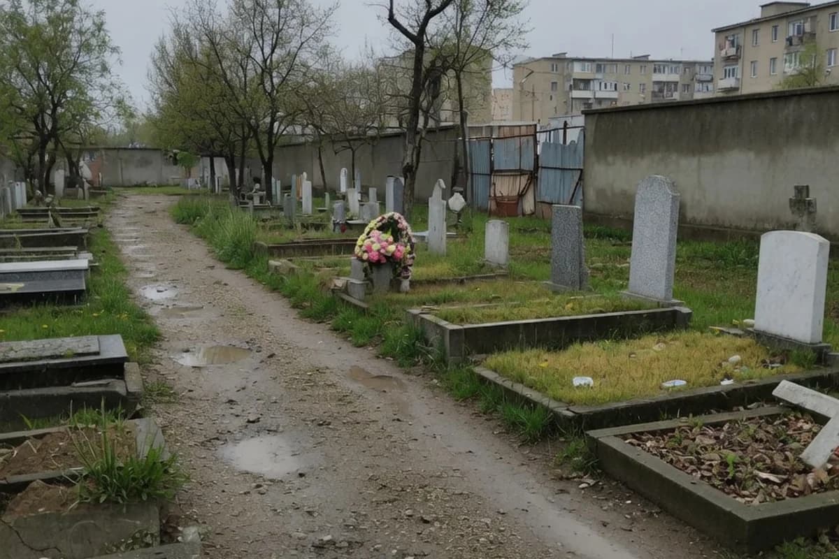 Alee uzată de cimitir municipal, lumină înnorată, Sectorul 6, București
