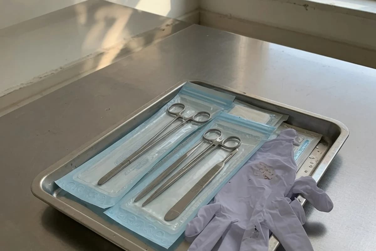 Trusă de instrumente sanitare pe o tavă metalică, Sectorul 6, București