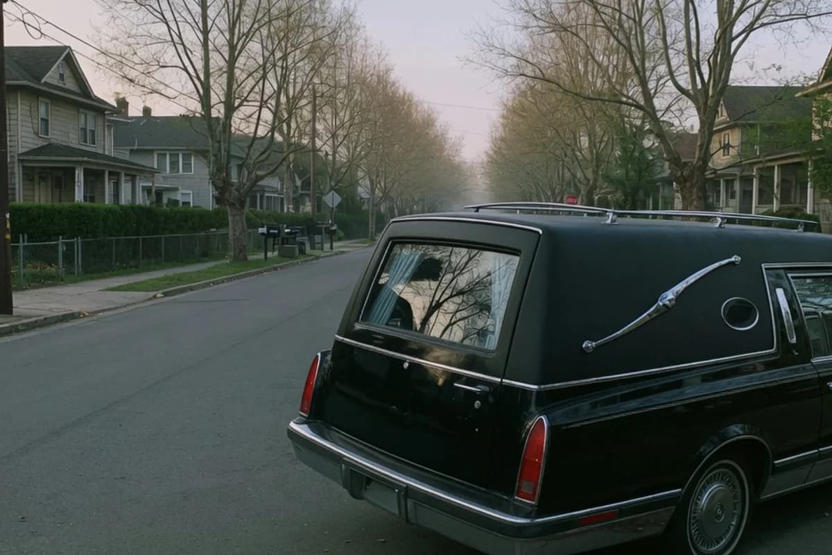 Dric funerar negru pe o stradă liniștită din oraș, în zori, Sectorul 6, București