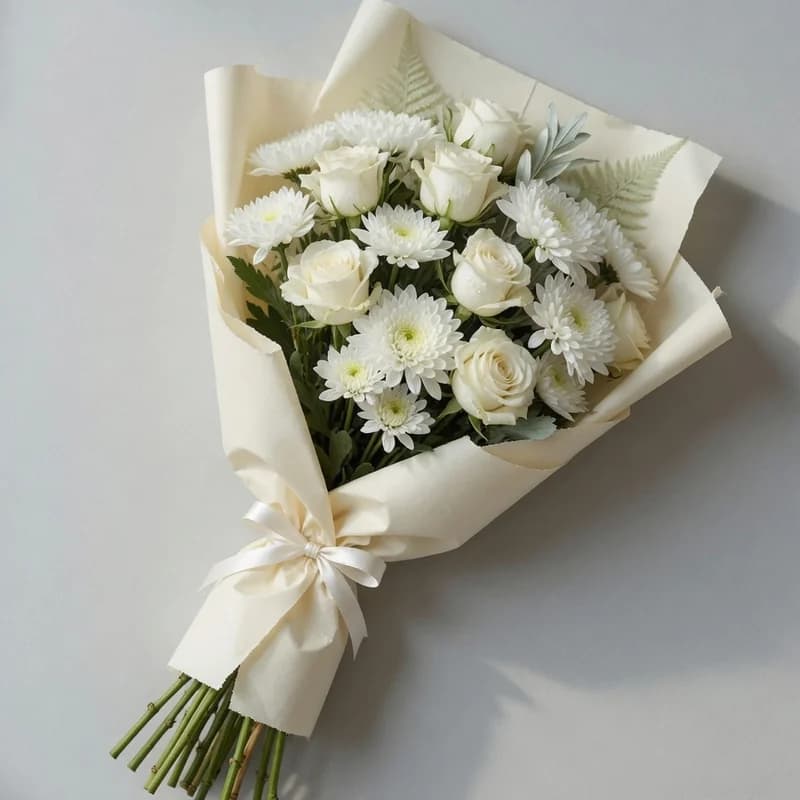 Buchet funerar din trandafiri și crizanteme albe