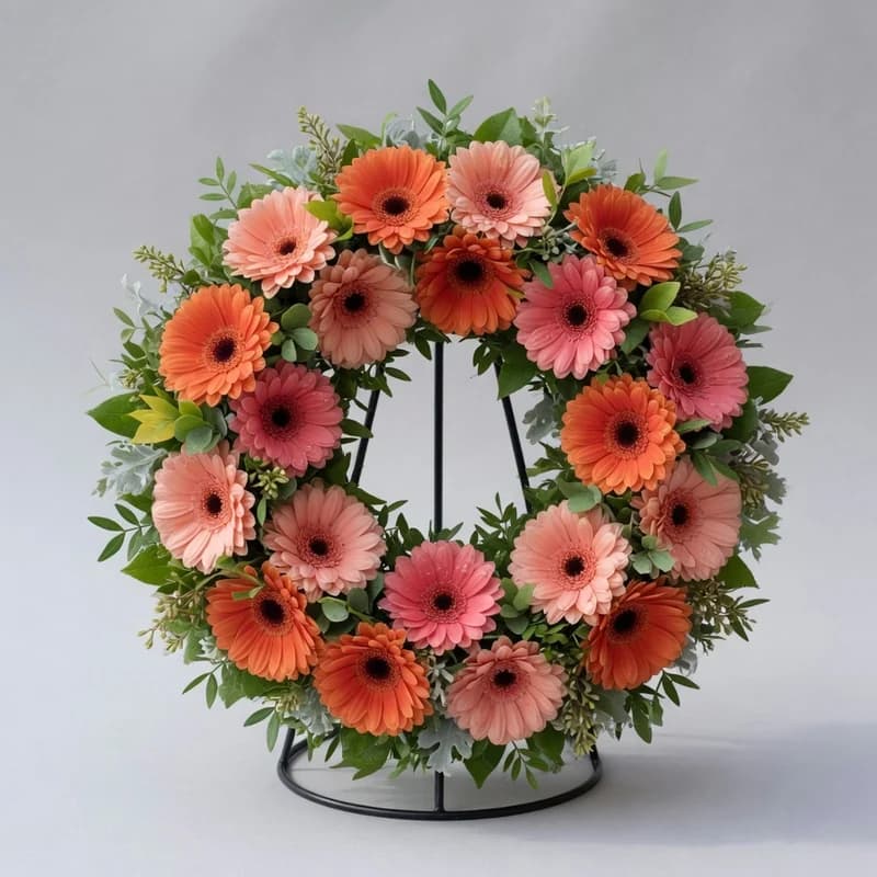 Coroană mică modernă din gerbera, pe stativ